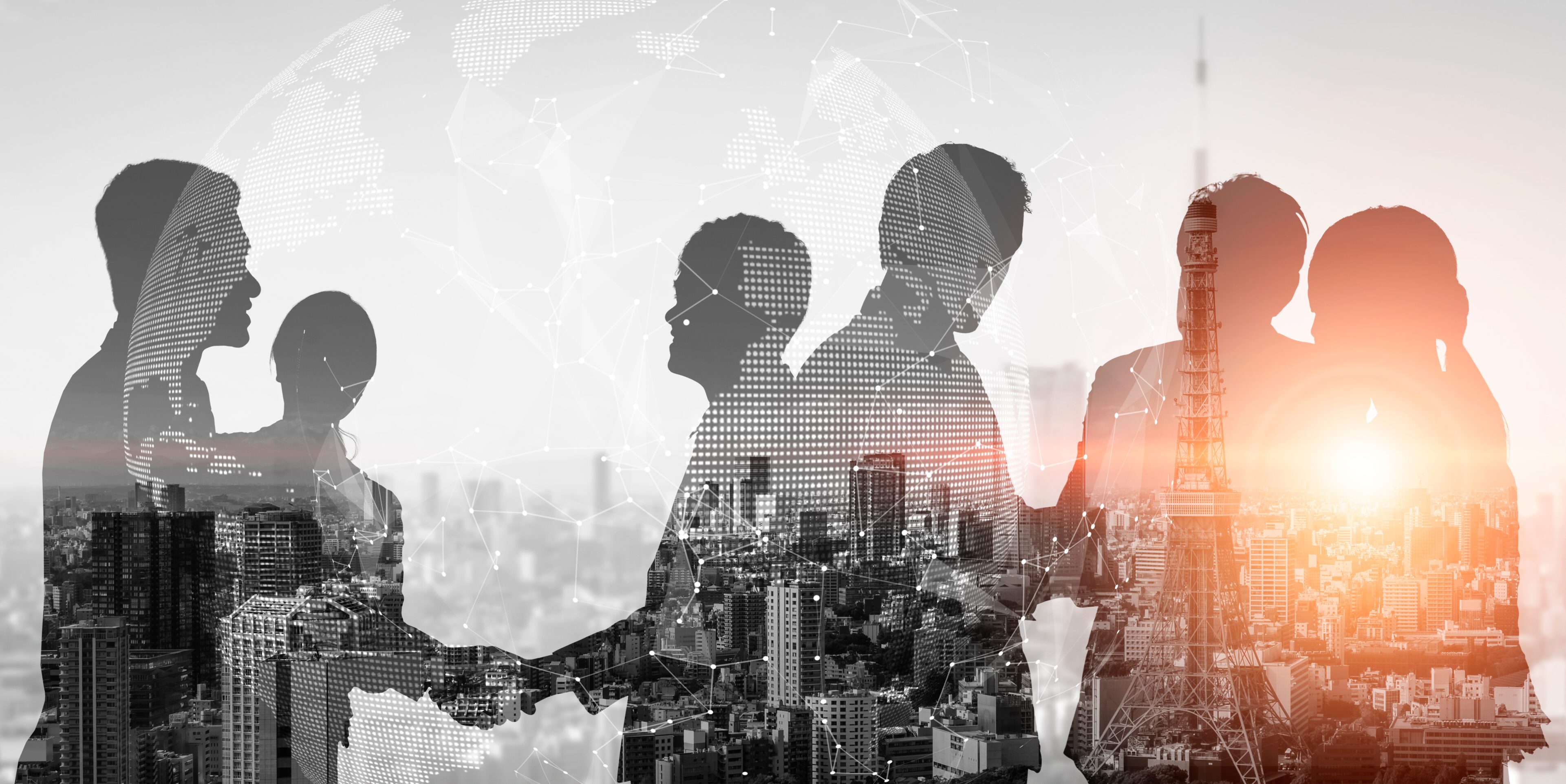 Silhouette view of business people team in group meeting Silhouette view of business people team in group meeting on city office building background showing partnership success of business deal. Concept of teamwork, trust and agreement.