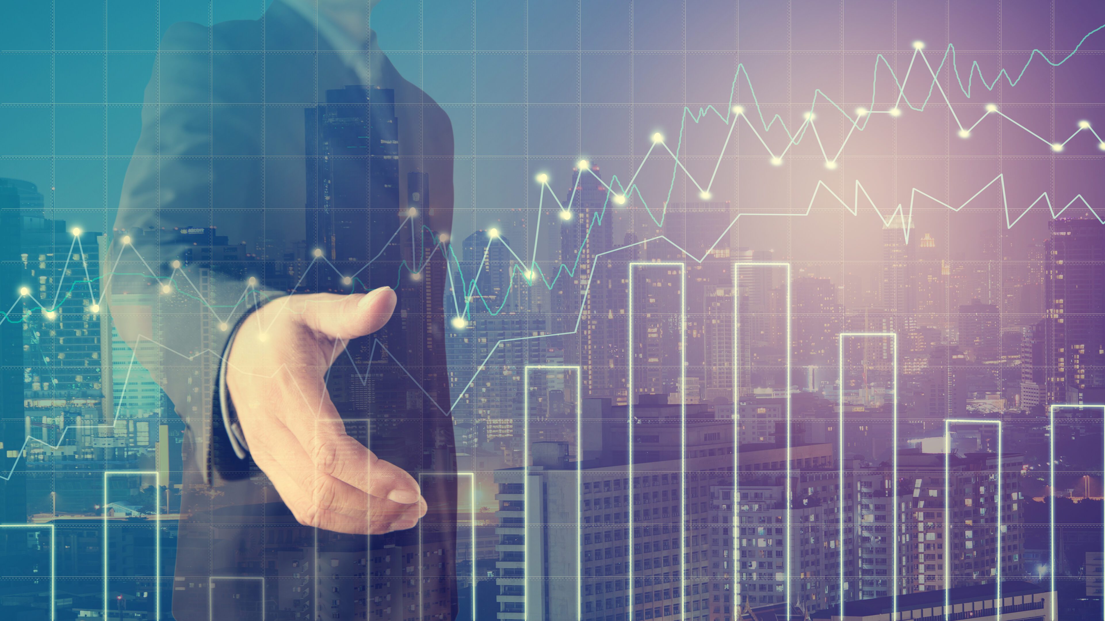 Businessman offering for handshake with cityscape and financial Businessman offering for handshake with cityscape and financial graph on blurred building background, Business Trading concept,Forex graph